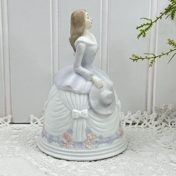 Victorian Ceramic Dinner Bell Woman Figurine Hat Bow Dress Floral Cabinet Piece - Picture 4 of 10